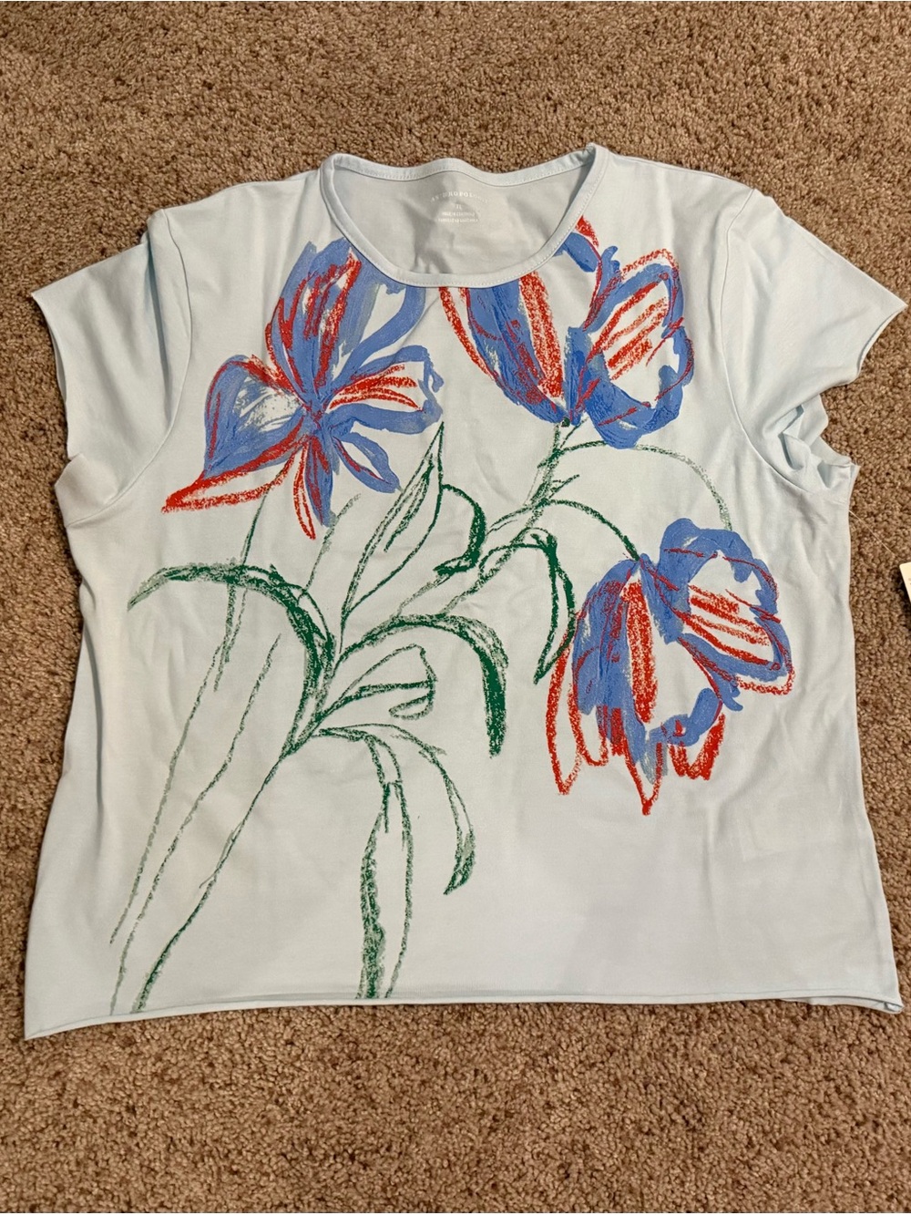 Anthropologie Light Blue Floral Short Sleeve Tee with Multicolor Sketch Blooms